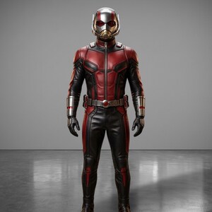 May include: A full-body shot of a superhero costume. The suit is primarily black and red, with a silver helmet and accents. The costume features a belt, gloves, and boots. The background is a plain gray.