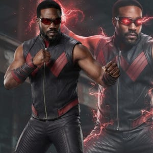 Puede incluir: Un chaleco sin mangas negro y rojo con cremallera frontal, combinado con pantalones negros y muñequeras a juego. La prenda presenta un panel pectoral rojo en forma de V y detalles rojos en la cintura, junto con gafas de sol de color rojo oscuro.
