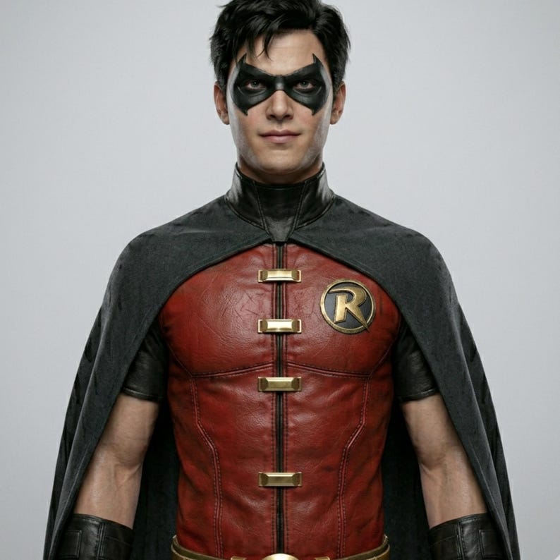 May include: A person wearing a Robin costume. The costume features a red and black leather-like bodice with gold accents and a gold "R" emblem. The person is also wearing a black cape and mask.