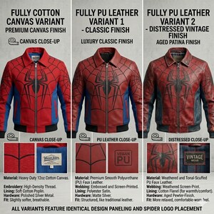 May include: Red, blue, and black Spider-Man jackets in three different styles: canvas, classic PU leather, and distressed vintage PU leather. Each jacket features a spiderweb design and a spider logo on the chest. The canvas jacket has a premium finish.