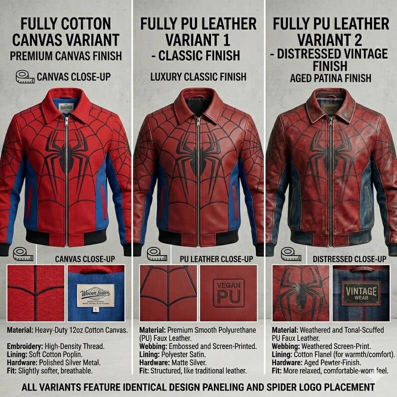 May include: Red, blue, and black Spider-Man jackets in three different styles: canvas, classic PU leather, and distressed vintage PU leather. Each jacket features a spiderweb design and a spider logo on the chest. The canvas jacket has a premium finish.