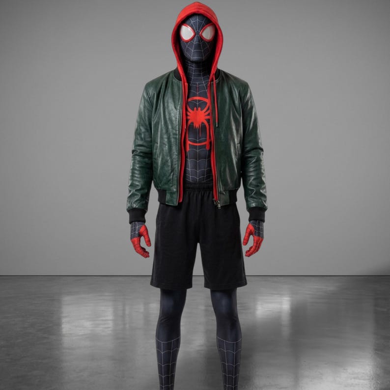 以下が含まれることがあります： 赤と黒のスパイダーマンのデザインが施された全身コスチューム。赤いフード付きトップス、緑のレザージャケット、黒のショーツ、お揃いの手袋が含まれています。スーツの胸にはクモのエンブレムが付いています。