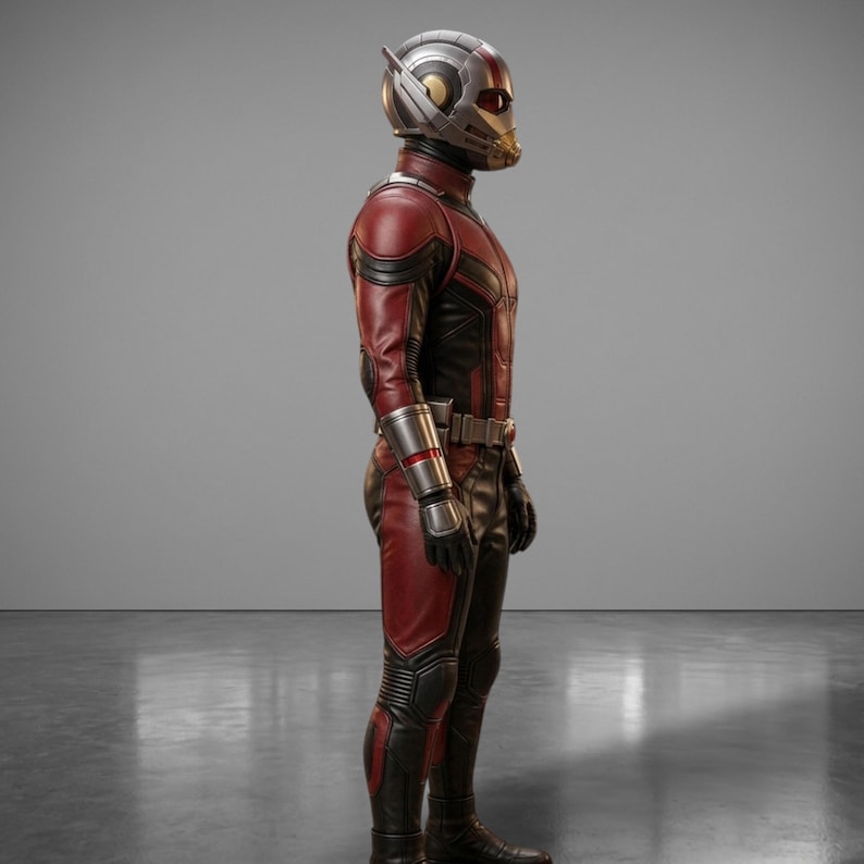 May include: A side view of a superhero costume. The costume is primarily red and black, with silver accents on the gloves and helmet. The helmet has a gold visor and a silver antenna. The suit appears to be made of leather or a similar material.
