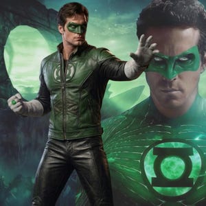 May include: A Green Lantern costume featuring a dark green leather jacket with a circular chest emblem, black leather trousers, and a green eye mask. The figure wears a green ring on the right hand and light gray gloves, set against a green background.