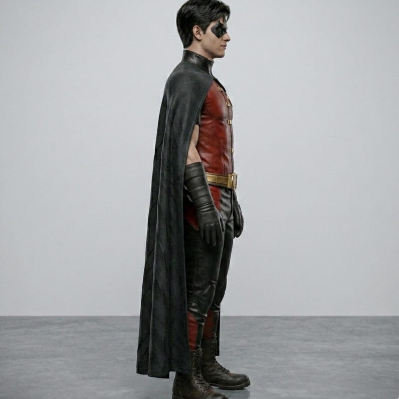 May include: A figure in a Robin costume, featuring a red and black color scheme. The costume includes a red vest, black pants, gloves, boots, and a black cape. A gold belt and a black mask complete the look. The figure is standing in a neutral pose.