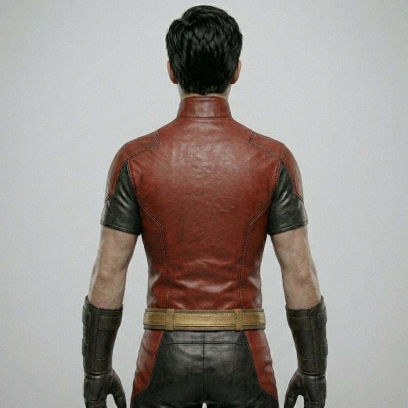 May include: A red and black leather jacket with a high collar and short sleeves. The jacket has a brown belt and is paired with black pants and gloves. The person is facing away from the camera.