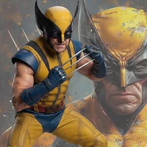 Może przedstawiać: Kolekcjonerska figurka postaci Wolverine'a w żółto-niebieskim kostiumie z pasującą maską, czarnymi naramiennikami i niebieskimi rękawicami. Figurka posiada wysunięte metalowe pazury w obu dłoniach oraz czerwony pas z klamrą w kształcie litery X.