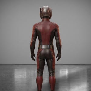 May include: A full-body costume with a helmet, gloves, and boots. The suit is primarily maroon with black accents on the arms and legs. A silver belt wraps around the waist. The helmet is metallic.