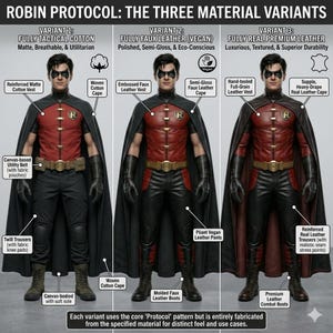 May include: Image showcasing three variations of a Robin costume. Variant 1 features a matte cotton vest, twill trousers, and a canvas-based utility belt. Variant 2 uses faux leather, and Variant 3 displays real premium leather. Each costume includes a cape and boots.