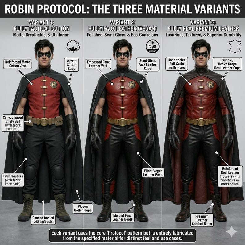 May include: Image showcasing three variations of a Robin costume. Variant 1 features a matte cotton vest, twill trousers, and a canvas-based utility belt. Variant 2 uses faux leather, and Variant 3 displays real premium leather. Each costume includes a cape and boots.