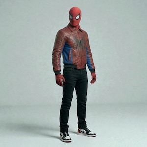 May include: A person wearing a red and blue Spider-Man costume, including a red mask, a red and blue leather jacket with a spider emblem, black jeans, and black and white sneakers with red accents.