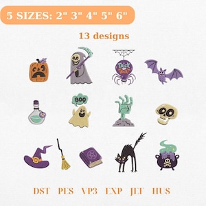 Op de afbeelding: Dertien Halloween-borduurontwerpen waaronder een pompoen, Magere Hein, spin, vleermuis, toverdrank, geest met 'BOO'-tekst, zombiemand, schedel, heksenhoed, bezem, toverboek, zwarte kat en ketel. Tekst vermeldt: 5 SIZES: 2" 3" 4" 5" 6".
