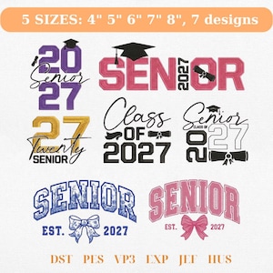 Senior borduurontwerp 2027, klasse van 2027 afstuderen bundel, Varsity Letter Coquette Bow Graduate Gift, 7 ontwerpen, Instant Download