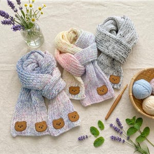 Hand Knit Pastel Scarf with Bear Patch – Soft Wool Blend, Spring Accessory