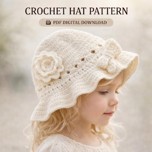 Puede incluir: Sombrero de ganchillo color crema con adornos florales y lazo. El sombrero tiene un borde festoneado y está adornado con una flor y un lazo de ganchillo. Se muestra el texto "CROCHET HAT PATTERN" y "PDF DIGITAL DOWNLOAD".