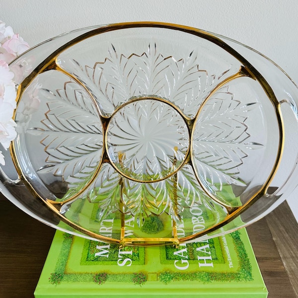 Vintage Jeanette Glass 5 section relish tray with gold trim