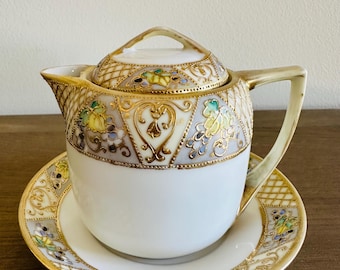 Antique Nippon Porcelain Creamer, Saucer, and lid - white with gold trim
