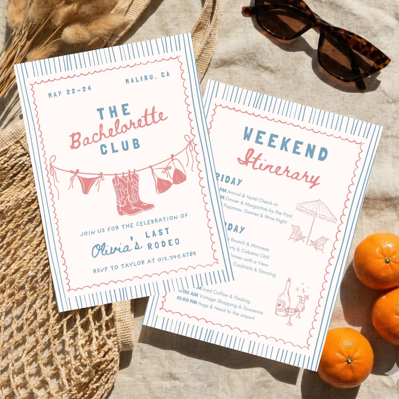 Bachelorette Club Invitation & Itinerary Bundle, Coastal Cowgirl Weekend, Last Rodeo Invite, Editable Canva Template