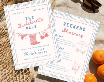 Bachelorette Club Invitation & Itinerary Bundle, Coastal Cowgirl Weekend, Last Rodeo Invite, Editable Canva Template