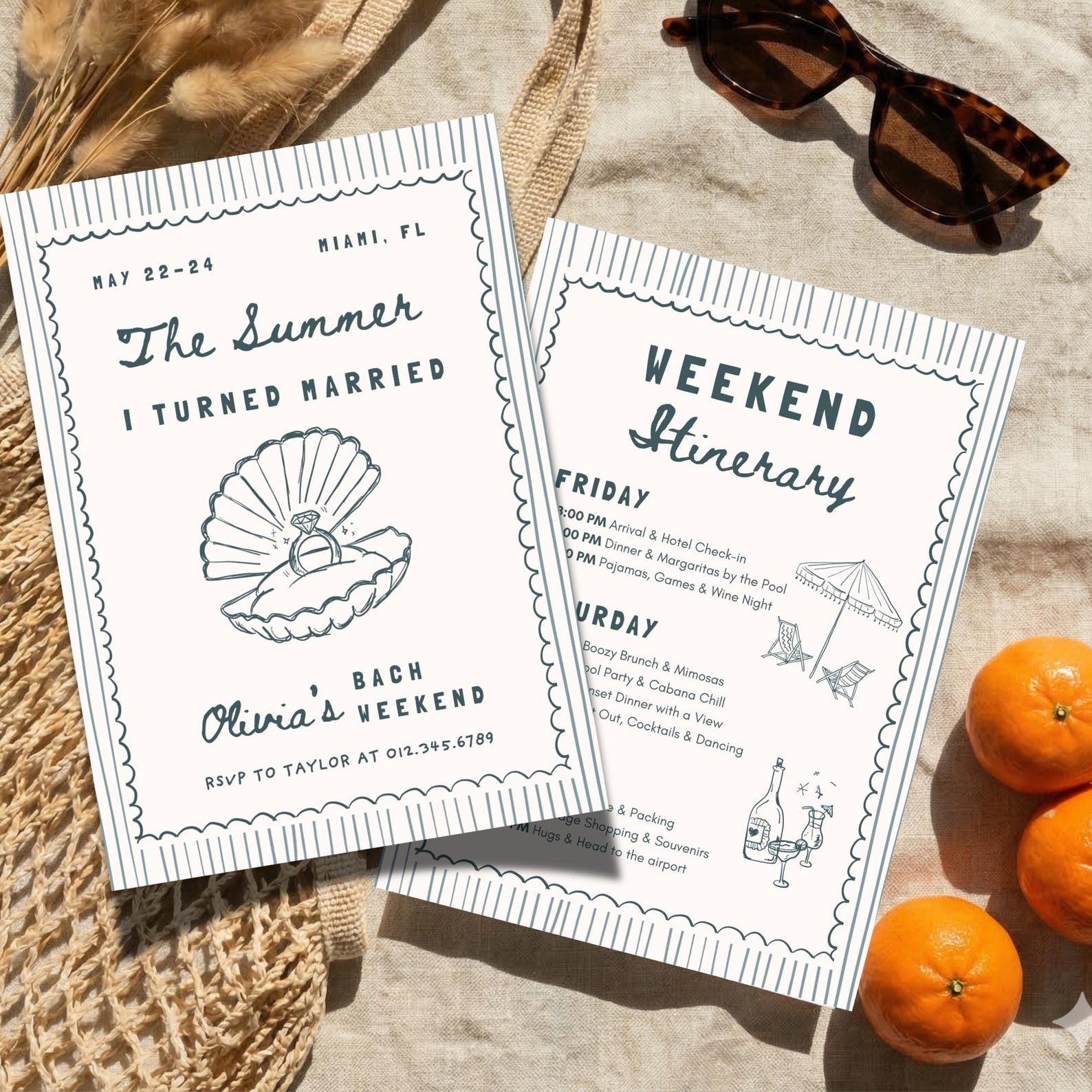 The Summer I Turned Married Bachelorette Invitation & Itinerary, Coastal Miami Seashell Bach, Editable Canva Template