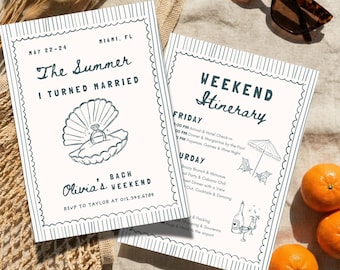 The Summer I Turned Married Bachelorette Invitation & Itinerary, Coastal Miami Seashell Bach, Editable Canva Template