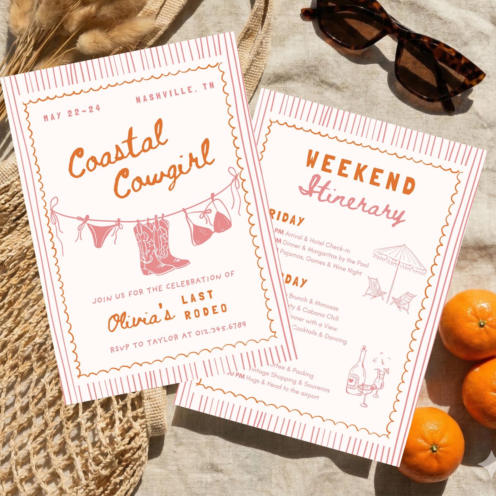 Coastal Cowgirl Bachelorette Invitation & Itinerary, Nashville Last Rodeo Beach Invite, Editable Canva Template