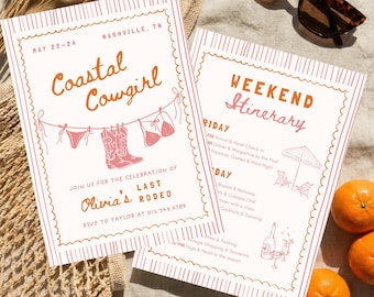 Coastal Cowgirl Bachelorette Invitation & Itinerary, Nashville Last Rodeo Beach Invite, Editable Canva Template