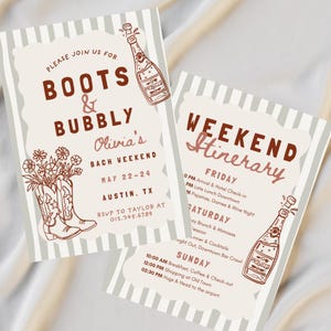 Peut inclure: Deux cartons d'invitation avec un fond beige clair et des rayures grises. La carte de gauche indique "Boots & Bubbly" avec une illustration de botte de cowboy. La carte de droite indique "Weekend Itinerary" avec une illustration de bouteille de champagne.