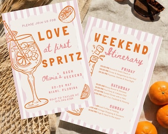 Last at First Spritz Bachelorette Invitation & Itinerary, Italian Summer Beach Party, Editable Canva Template