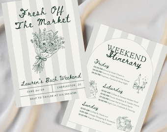 Fresh Off the Market Bachelorette Invitation Itinerary, Floral Summer Garden Party Invite, Editable Canva Template