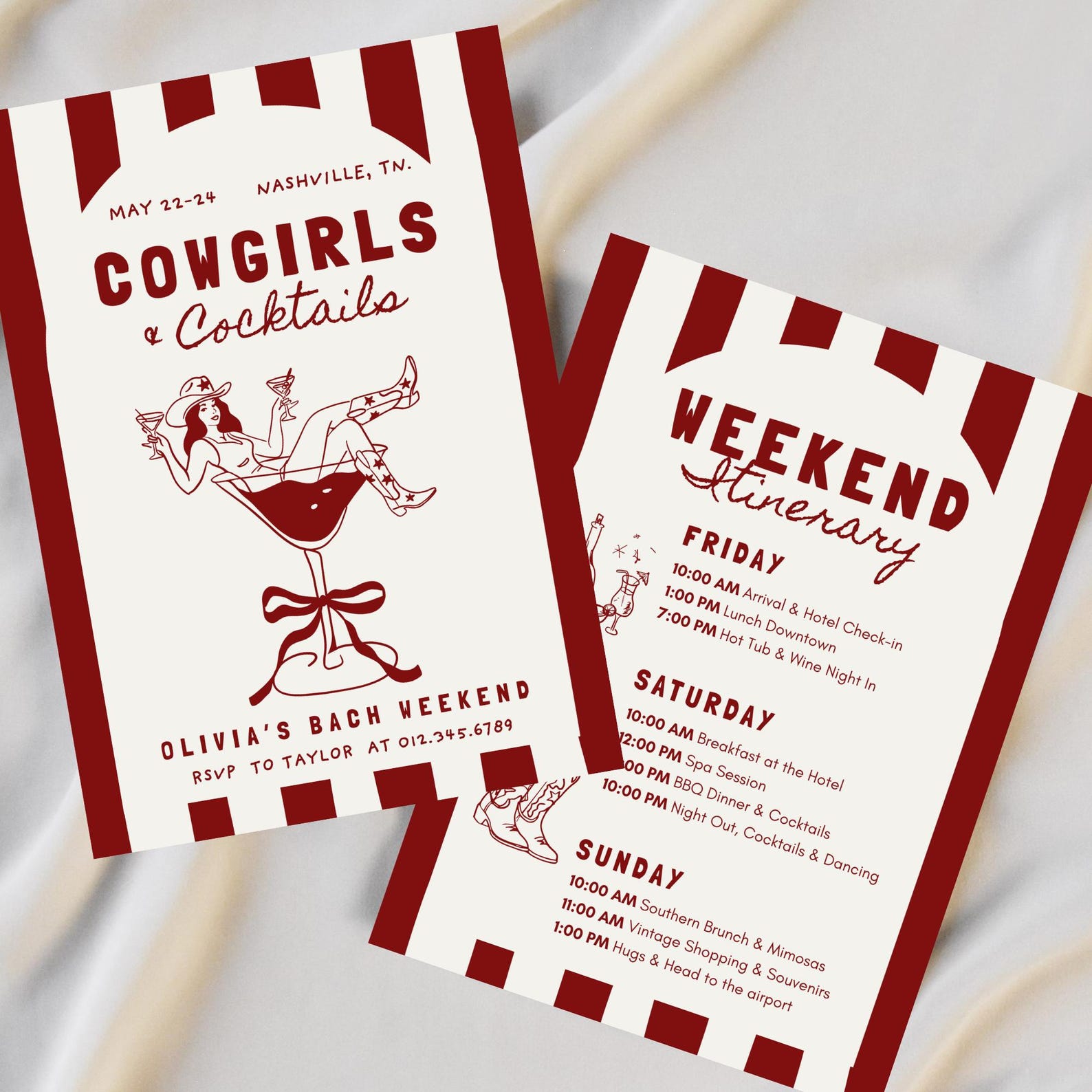 Cowgirls & Cocktails Nashville Bachelorette Invitation And Itinerary, Editable Canva Template