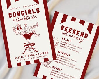 Cowgirls & Cocktails Nashville Bachelorette Invitation And Itinerary, Editable Canva Template
