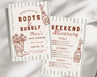 Boots & Bubbly Bachelorette Invitation + Itinerary, Western Cowgirl Texas Weekend, Editable Canva Template