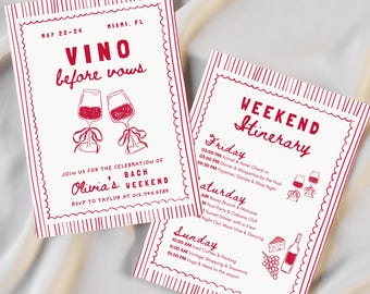 Vino Before Vows Bachelorette Invitation & Weekend Itinerary, Wine Tasting Bridal Invite, Editable Canva Template