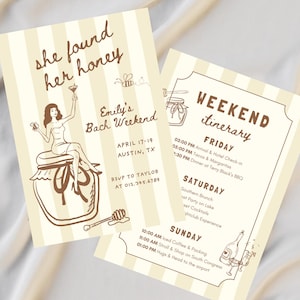 Może przedstawiać: Dwa kremowe zaproszenia z brązowym tekstem i ilustracjami. Na jednym widnieje napis "she found her honey" i szczegóły weekendu panieńskiego w Austin, TX. Drugi zawiera plan weekendu.