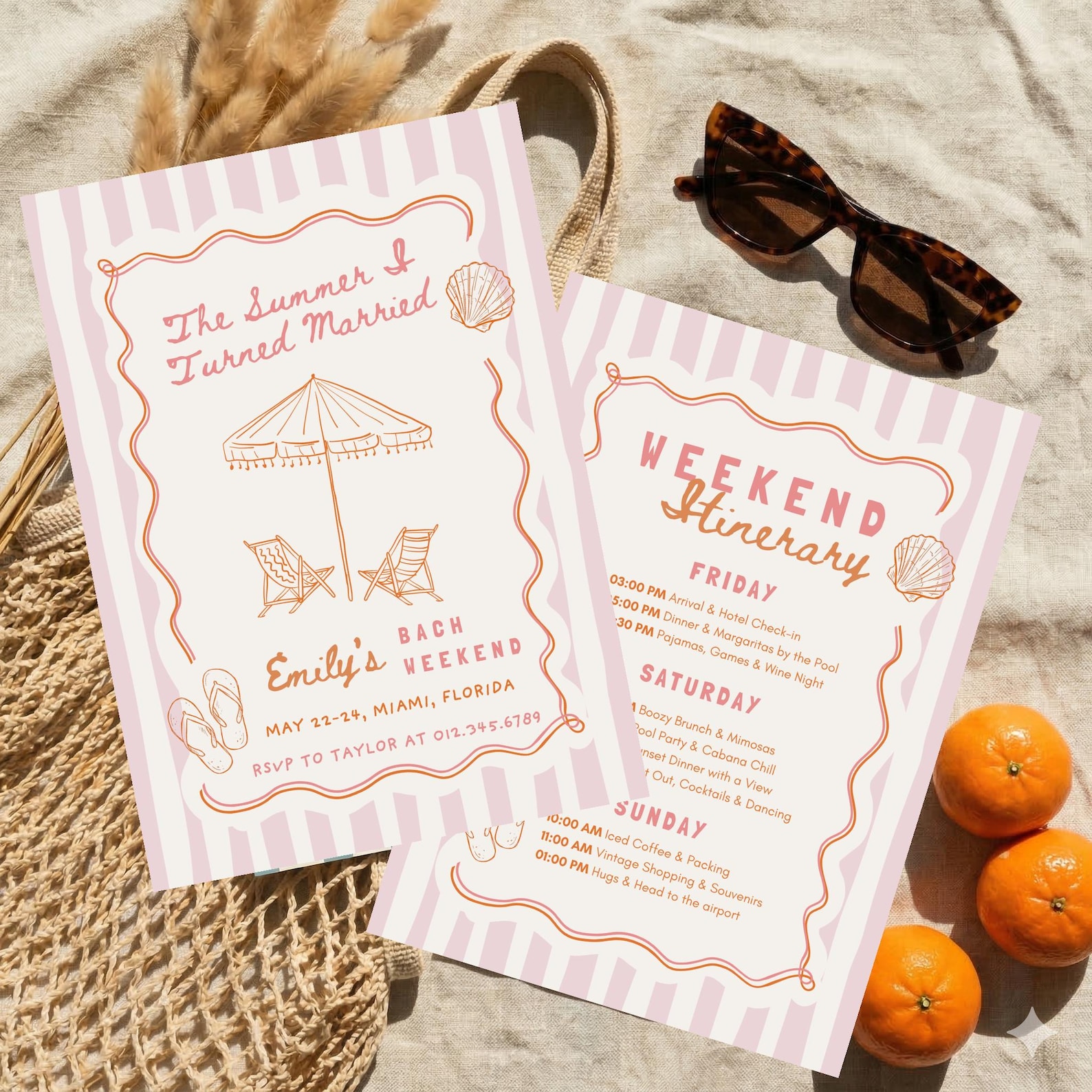 Summer I Turned Married Bachelorette Invitation & Itinerary, Coastal Beach Bach Trip, Editable Canva Template