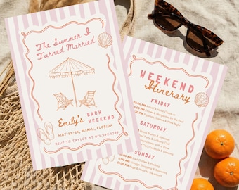 Summer I Turned Married Bachelorette Invitation & Itinerary, Coastal Beach Bach Trip, Editable Canva Template