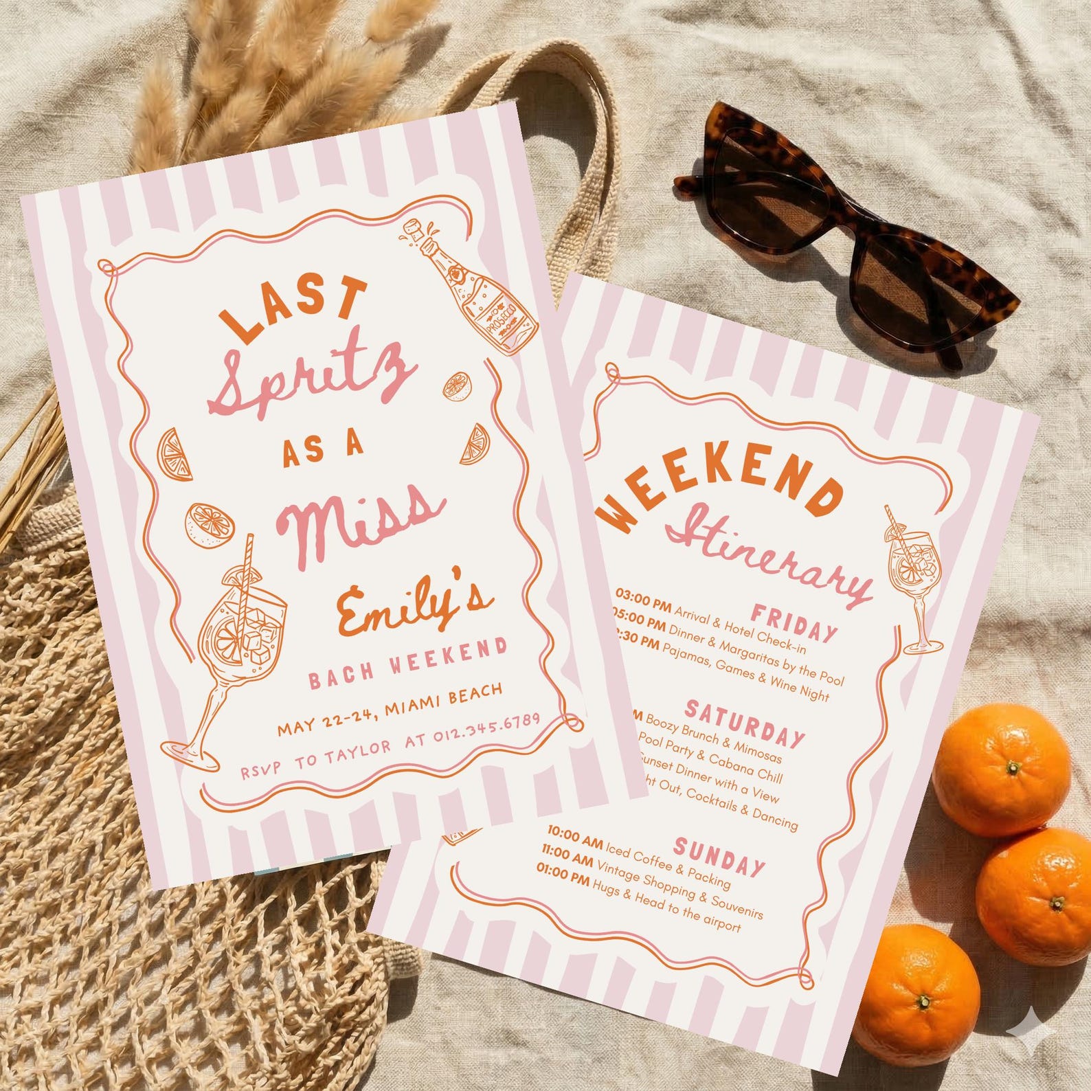 Last Spritz as a Miss Bachelorette Invitation Itinerary, Beach Cocktail Party Invite, Editable Canva Template