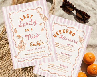 Last Spritz as a Miss Bachelorette Invitation Itinerary, Beach Cocktail Party Invite, Editable Canva Template