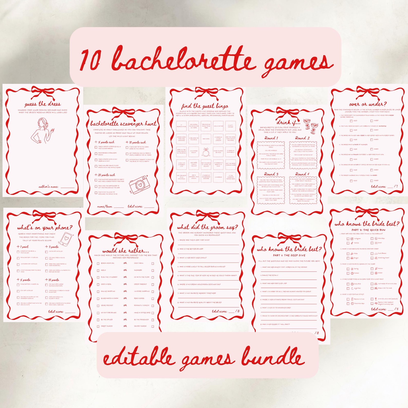 10 Bachelorette Games Bundle, Red Bow Bridal Shower, Coquette Hen Printable, Editable Canva Template