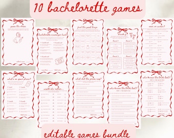 10 Bachelorette Games Bundle, Red Bow Bridal Shower, Coquette Hen Printable, Editable Canva Template