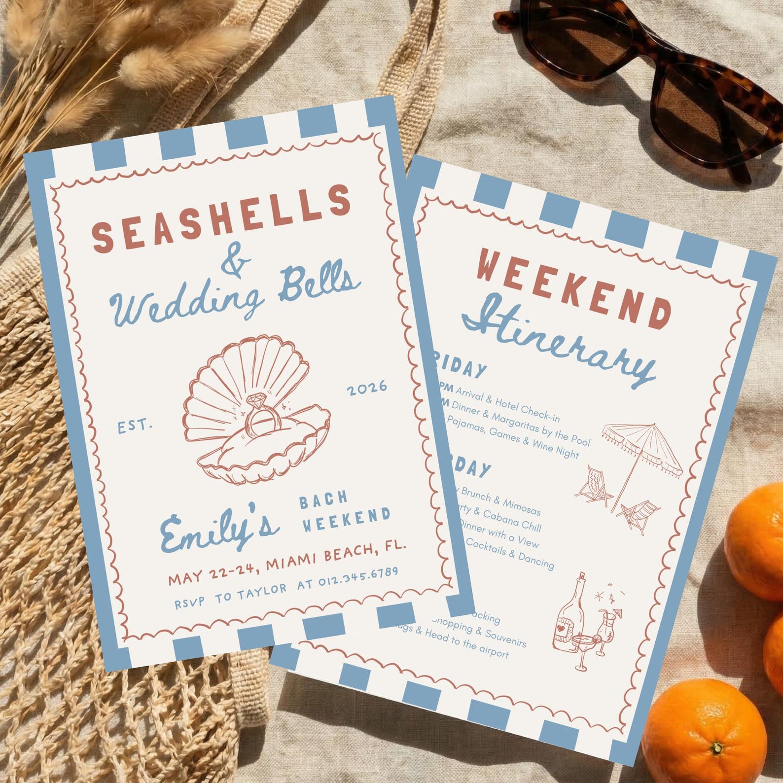 Seashells & Wedding Bells Bachelorette Invitation and Itinerary, Coastal Beach Bach Weekend, Editable Canva Template