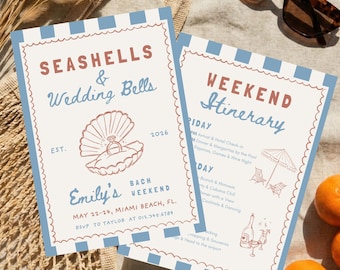 Seashells & Wedding Bells Bachelorette Invitation and Itinerary, Coastal Beach Bach Weekend, Editable Canva Template