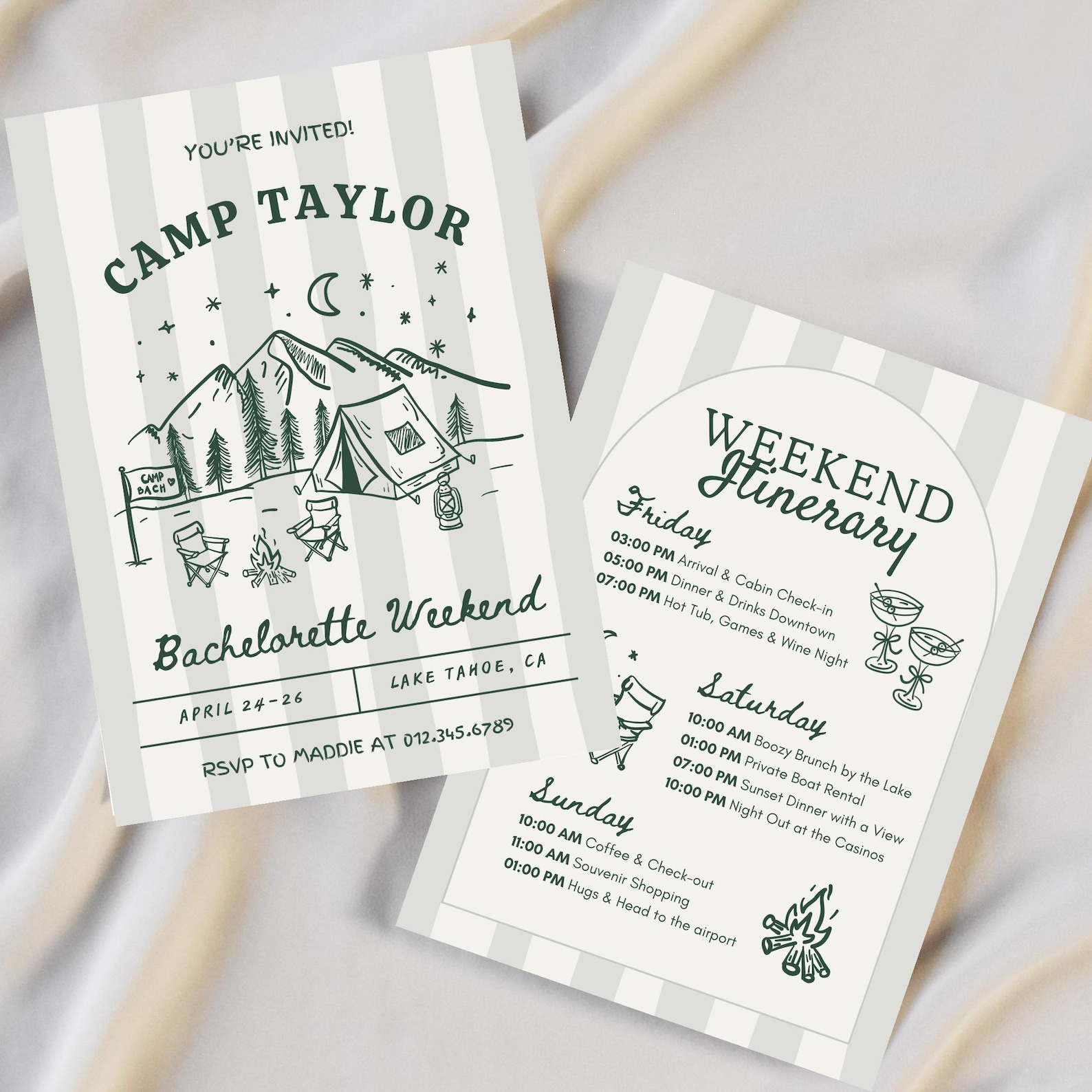 Camp Bachelorette Invitation & Weekend Itinerary, Lake Tahoe Cabin Bach, Editable Canva Template