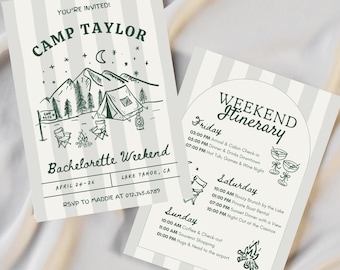 Camp Bachelorette Invitation & Weekend Itinerary, Lake Tahoe Cabin Bach, Editable Canva Template