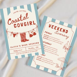 Coastal Cowgirl Bachelorette Invitation & Itinerary Bundle, Vintage Beach Weekend, Editable Canva Template