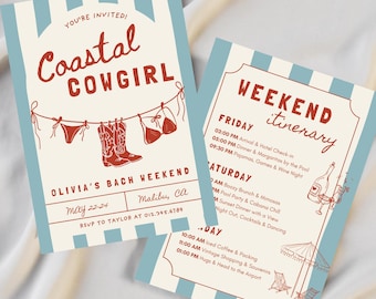 Coastal Cowgirl Bachelorette Invitation & Itinerary Bundle, Vintage Beach Weekend, Editable Canva Template