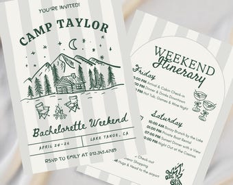 Camp Bachelorette Invitation & Itinerary, Cabin Bach Weekend Planner, Editable Canva Template