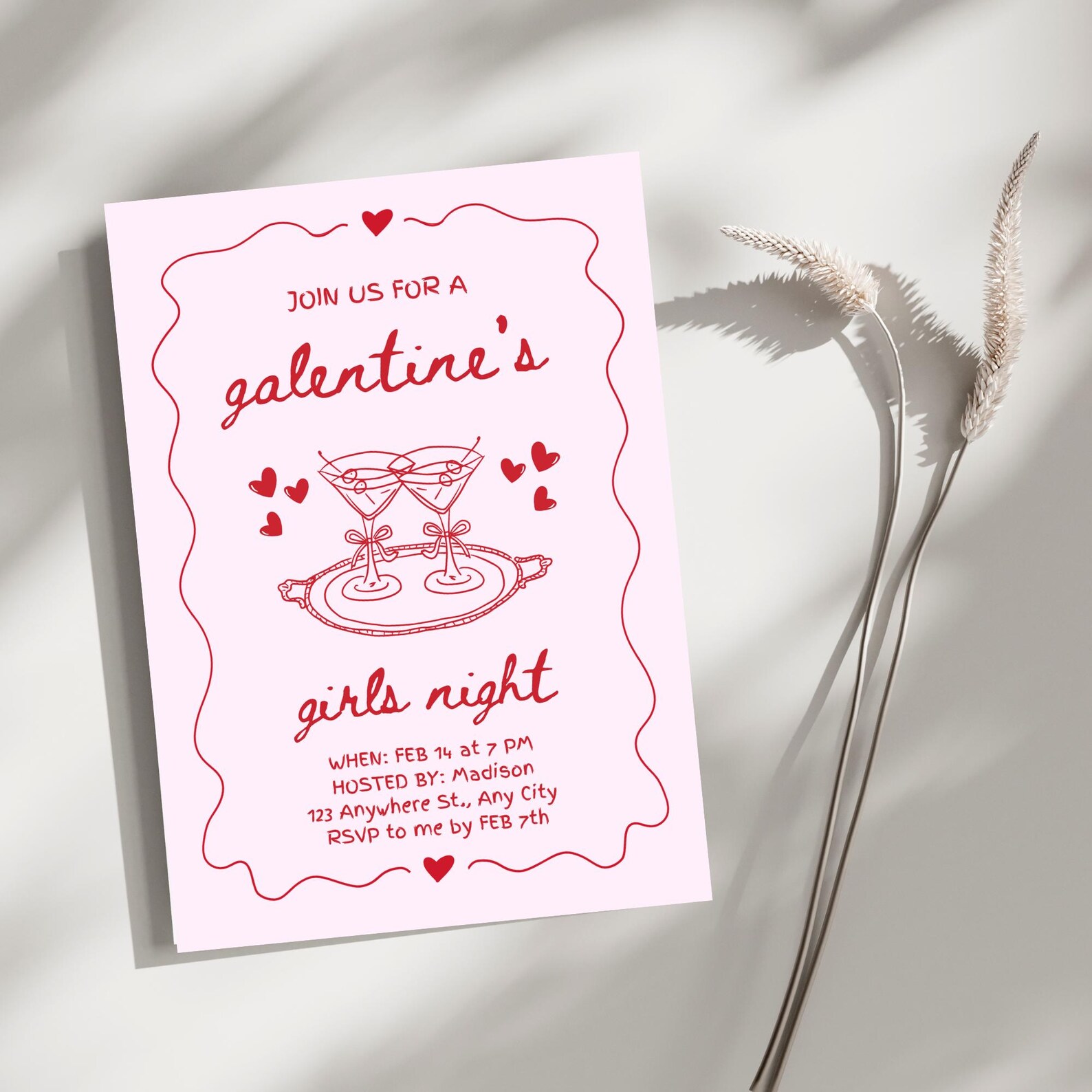 Galentine's Girls Night Invitation, Hand-Drawn Martini, Editable Canva Template (Digital Download)