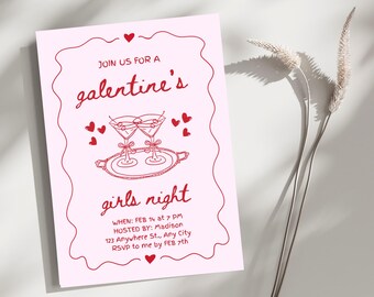 Galentine's Girls Night Invitation, Hand-Drawn Martini, Editable Canva Template (Digital Download)